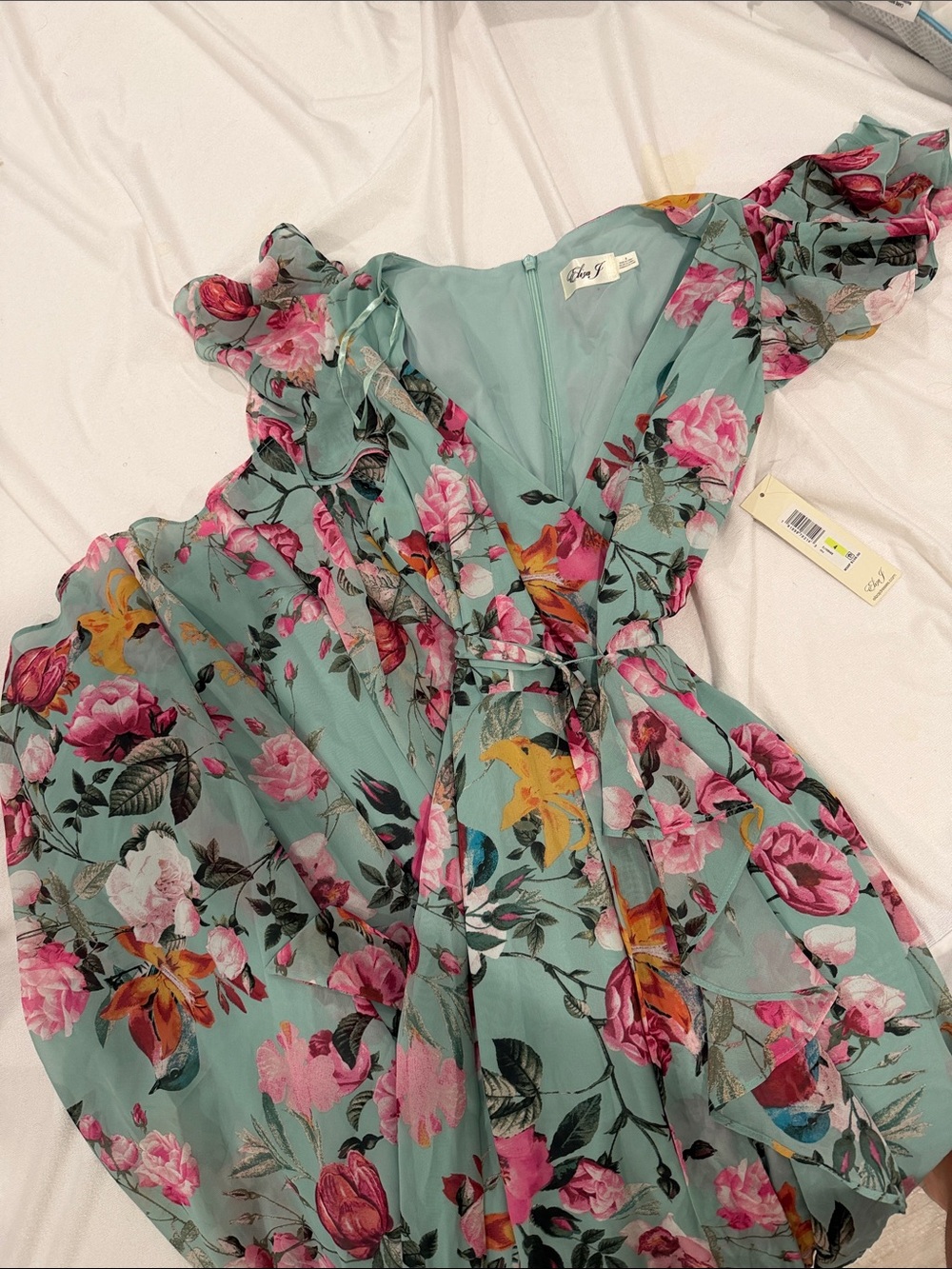 Eliza J Floral Ruffle Wrap Dress in Aqua with Pink & Yellow Flowers